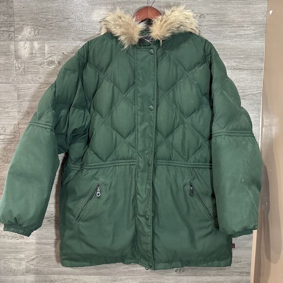 Vtg Woolrich Goose Down Parka Jacket Womens Large Racoon Fur Trim Hood Forest - Picture 1 of 16